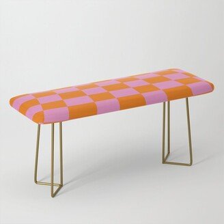 Warped perspective coloured checker board effect grid illustration orange and pink Benches