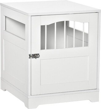 Dog Crate Furniture, Wooden & Wire End Table with Lockable Door, Miniature Size Pet Kennel Indoor Puppy Cage, White