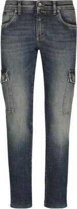 Blue wash skinny stretch cargo jeans