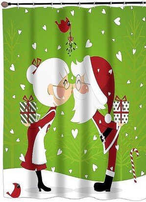 GoodGram Kissing Mr. & Mrs. Santa Green Christmas Fabric Shower Curtain - 72 in. Long