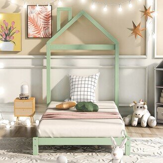 EDWINRAY Twin Size Wood Platform Bed with House-Shaped Headboard & Chimney, Green