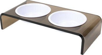 Hiddin Small Smoke Bronze Double Bowl Pet Feeder With White Bowls