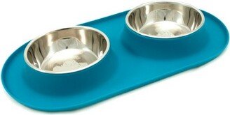 Messy Mutts Blue Silicone Medium Double Feeder with Stainless Steel Bowls