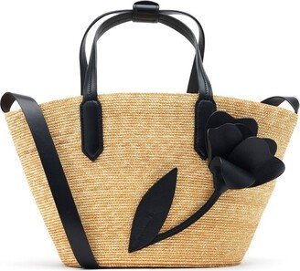 Flower-Appliqué Straw Tote Bag