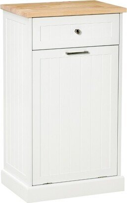 HOMCOM Kitchen Tilt Out Trash Bin Cabinet Free Standing Recycling Cabinet Trash Can Holder With Drawer, White