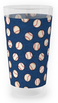 Outdoor Pint Glasses: Baseball Balls On Blue Linen Outdoor Pint Glass, Blue