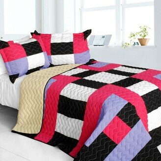 Kamelia Vermicelli-Quilted Patchwork Geometric Quilt Set Full/Queen