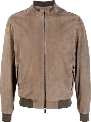 Zip-Up Leather Bomber Jacket-AD