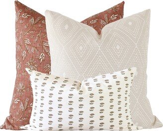 Pillow Combination Set, Terracotta Floral Pillow, Rust Modern Farmhouse, Diamond Pattern Designer Covers