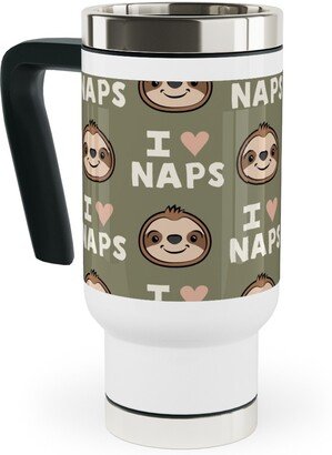 Travel Mugs: I Heart Naps - Cute Sloths - Olive Green Travel Mug With Handle, 17Oz, Green