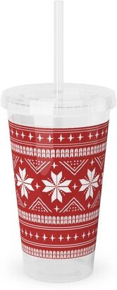 Travel Mugs: Nordic Sweater - Red Acrylic Tumbler With Straw, 16Oz, Red
