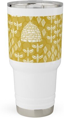 Travel Mugs: Bee Hives, Spring Florals Linocut Block Printed - Golden Yellow Travel Tumbler, 30Oz, Yellow