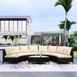 EKAR 5 Pieces All-Weather Brown PE Rattan Wicker Sofa Set, Outdoor Sectional Furniture Sofa Set, Half-Moon Sofa Set with Glass Table