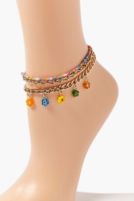 Floral Charm Beaded Anklet Set