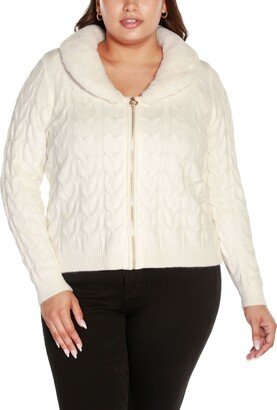 Black Label Plus Size Faux Fur Collared Cable Cardigan Sweater