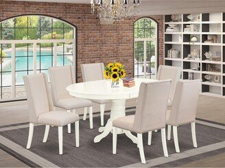 7-Piece Kitchen Set- 6 parson Dining Chairs and Pedestal Dining Table - Linen White Finish