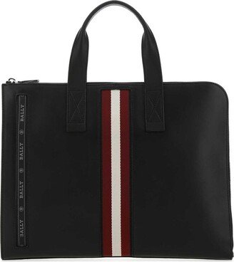 Logo Printed Striped Zipped Tote Bag