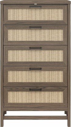 RealRooms Ameriwood Home Lennon Tall 5 Drawer Dresser, Medium Brown and Faux Rattan