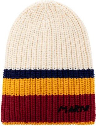 Logo Embroidered Striped Ribbed-Knit Beanie