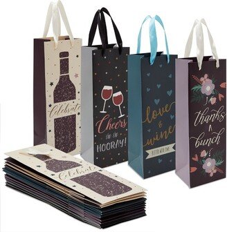 Juvale 12 Pack Wine Bottle Gift Bags with Handles, Bulk Set for Birthdays, Fathers Day, Holidays, Christmas in 4 Designs, 4.6 x 13.7 x 4 In