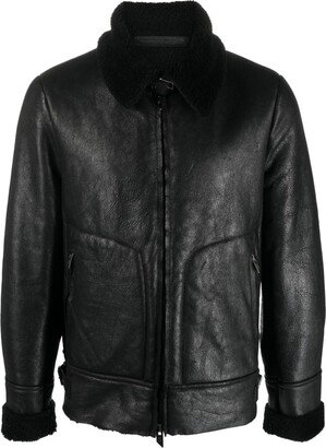 Pointed-Collar Zipped Leather Jacket