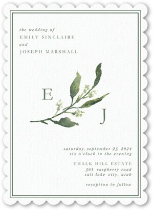 Wedding Invitations: Simple Branches Wedding Invitation, Green, 5X7, Pearl Shimmer Cardstock, Scallop
