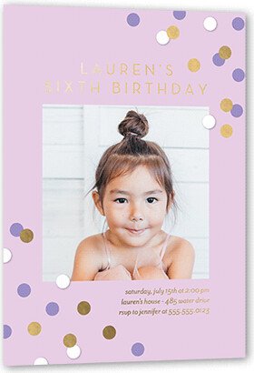 Girl Birthday Invitations: Shimmering Spots Birthday Invitation, Gold Foil, Purple, 5X7, Matte, Personalized Foil Cardstock, Square