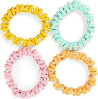 Zodaca 4 Piece Spiral Hair Ties, Phone Cord Coil Style Elastic Band, Gorgeous Pearls Decorated Ponytail Holders