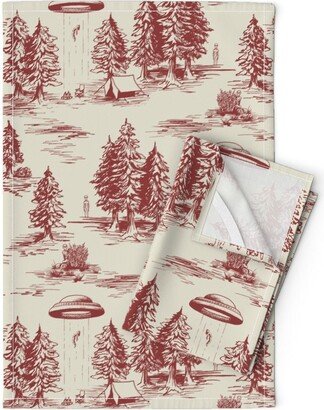 Alien Abduction Tea Towels | Set Of 2 - Toile By Somecallmebeth Red Ufo Linen Cotton Spoonflower