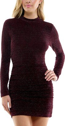 Juniors' Lurex Long-Sleeve Mock-Neck Dress - Raisin/Black