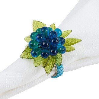 Hand Beaded Flower & Leaves Decorative Napkin Rings, Set Of 4 - Blue Glass Beads Holders For Dining Table Decor