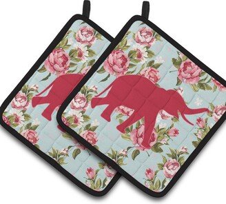 Elephant Shabby Chic Blue Roses BB1011 Pair of Pot Holders