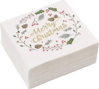 Juvale 50 Pack Merry Christmas Paper Cocktail Napkins for Holiday Party Supplies, Wreath with Gold Foil Design, 5 x 5 In