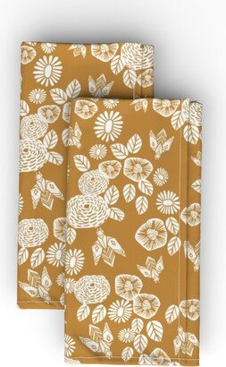 Cloth Napkins: Vintage Flowers And Bee Garden Cloth Napkin, Longleaf Sateen Grand, Orange
