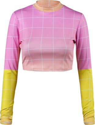 Gazzybygazzo Neon Pastel Pink Crop Top Workout Mock-Neck Long-Sleeved Shirt