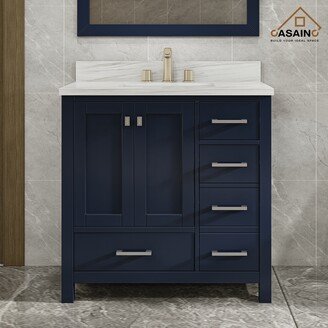 36 in. W x 22 in. D x 35.4 in. H Bath Vanity in Navy Blue with White Top and Basin