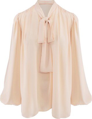 Bluzat Nude Chiffon Blouse With Draped Shoulders & Bow Ribbon