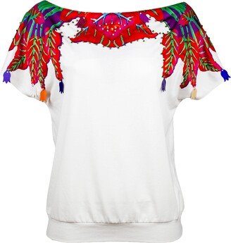 Lalipop Design White Blouse With Laser-Cut Red Leaves Print On The Neck