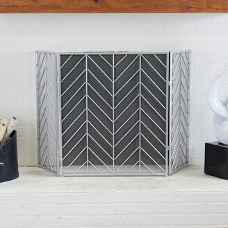 Studio 350 Silver Metal Modern Geometric Fireplace Screen with Chevron Pattern