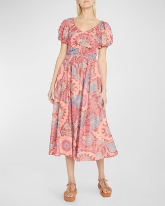 Cecile Gathered Puff-Sleeve Warped Taffeta Midi Dress