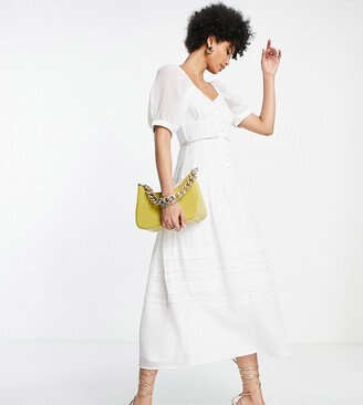 ASOS DESIGN Tall soft sweetheart neck button up midi dress with lace inserts in cream