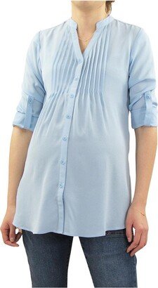 Indigo Poppy Pleated Roll Sleeve Maternity & Nursing Top - Light/Pastel Blue