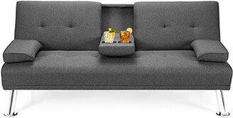 Convertible Folding Futon Sofa Bed Fabric with 2 Cup Holders - 66 x 31.5 x 29.5