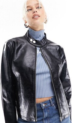 motocross style faux leather biker jacket in black