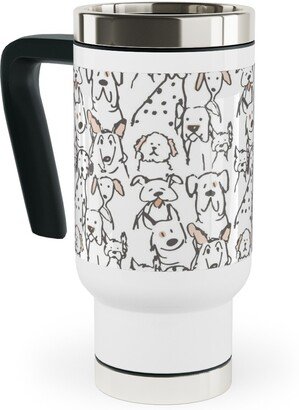 Travel Mugs: Peach Pop Doodle Dogs - Black And White Travel Mug With Handle, 17Oz, White