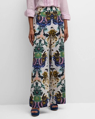 Charlene Baroque-Print Pleated Wide-Leg Pants