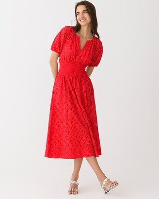 Petite puff-sleeve smocked-waist midi dress in eyelet