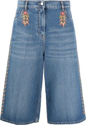 Floral-Embroidered Wide-Leg Denim Culottes