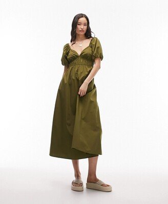 ruched poplin midi dress in khaki