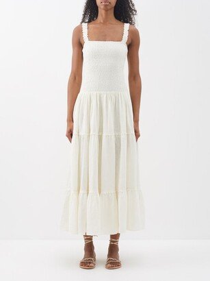 Slit-skirt Shirred Linen Dress